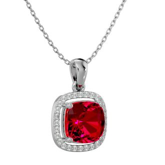 3 1/4 Carat Cushion Cut Ruby and Halo Diamond Necklace In 14 Karat White Gold, 18 Inches