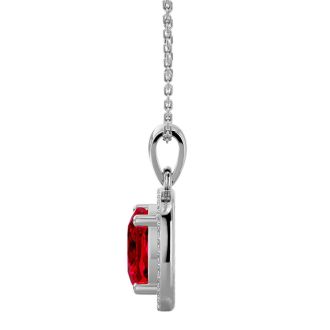 3 1/4 Carat Cushion Cut Ruby and Halo Diamond Necklace In 14 Karat White Gold, 18 Inches