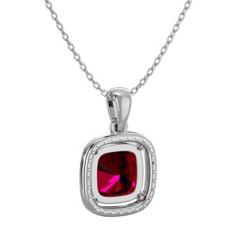 3 1/4 Carat Cushion Cut Ruby and Halo Diamond Necklace In 14 Karat White Gold, 18 Inches