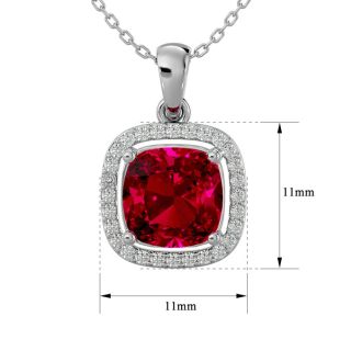 3 1/4 Carat Cushion Cut Ruby and Halo Diamond Necklace In 14 Karat White Gold, 18 Inches