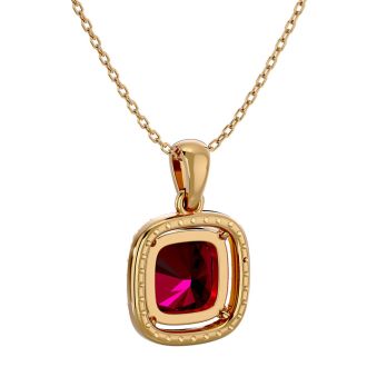 3 1/4 Carat Cushion Cut Ruby and Halo Diamond Necklace In 14 Karat Yellow Gold, 18 Inches