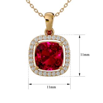 3 1/4 Carat Cushion Cut Ruby and Halo Diamond Necklace In 14 Karat Yellow Gold, 18 Inches