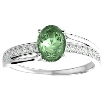 1 1/4 Carat Oval Shape Green Amethyst and Diamond Ring In 14 Karat White Gold