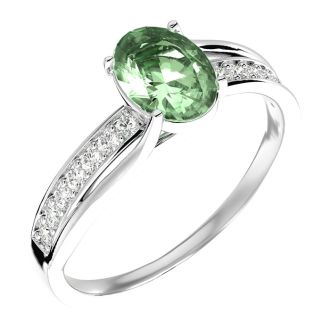 1 1/4 Carat Oval Shape Green Amethyst and Diamond Ring In 14 Karat White Gold
