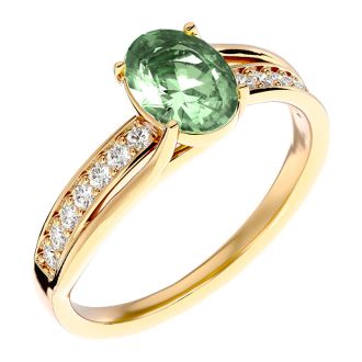 1 1/4 Carat Oval Shape Green Amethyst and Diamond Ring In 14 Karat Yellow Gold