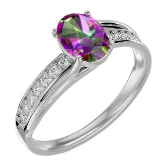 1-1/4 Carat Oval Shape Mystic Topaz Ring With Diamonds In 14 Karat White Gold