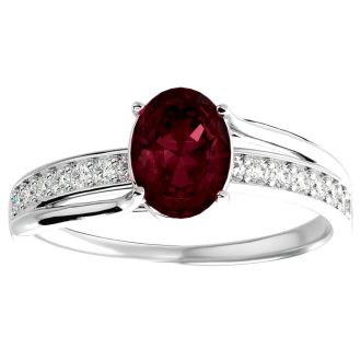 Garnet Ring: Garnet Jewelry: 1 3/4 Carat Oval Shape Garnet and Diamond Ring In 14 Karat White Gold