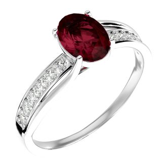 Garnet Ring: Garnet Jewelry: 1 3/4 Carat Oval Shape Garnet and Diamond Ring In 14 Karat White Gold