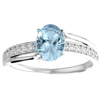 Aquamarine Ring: Aquamarine Jewelry: 1 1/3 Carat Oval Shape Aquamarine and Diamond Ring In 14 Karat White Gold