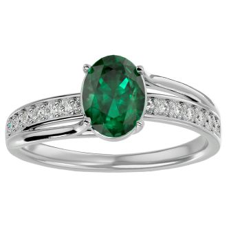 1 1/3 Carat Oval Shape Emerald and Diamond Ring In 14 Karat White Gold