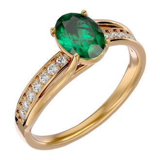 1 1/3 Carat Oval Shape Emerald and Diamond Ring In 14 Karat Yellow Gold