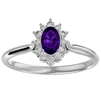 2/3 Carat Oval Shape Amethyst and Halo Diamond Ring In 14 Karat White Gold