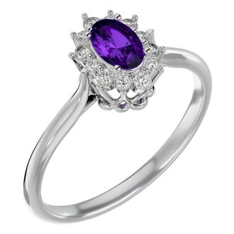 2/3 Carat Oval Shape Amethyst and Halo Diamond Ring In 14 Karat White Gold