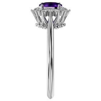 2/3 Carat Oval Shape Amethyst and Halo Diamond Ring In 14 Karat White Gold
