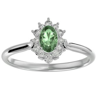 2/3 Carat Oval Shape Green Amethyst and Halo Diamond Ring In 14 Karat White Gold