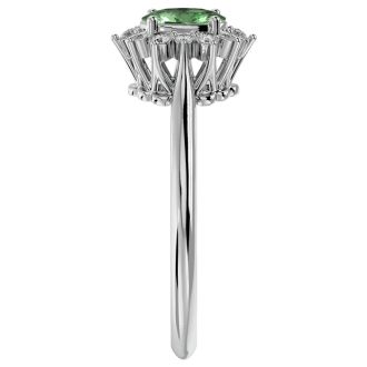 2/3 Carat Oval Shape Green Amethyst and Halo Diamond Ring In 14 Karat White Gold
