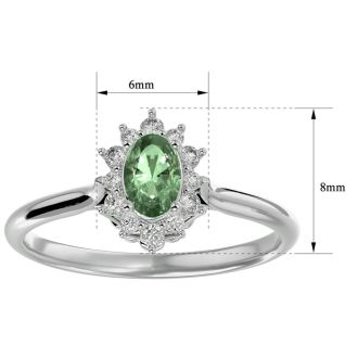 2/3 Carat Oval Shape Green Amethyst and Halo Diamond Ring In 14 Karat White Gold