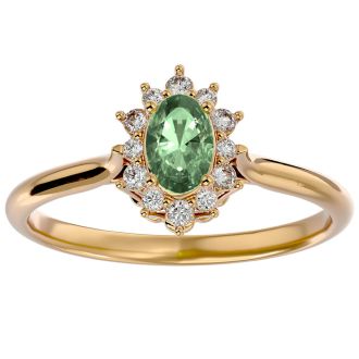 2/3 Carat Oval Shape Green Amethyst and Halo Diamond Ring In 14 Karat Yellow Gold