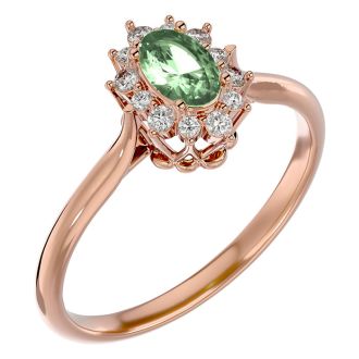 2/3 Carat Oval Shape Green Amethyst and Halo Diamond Ring In 14 Karat Rose Gold