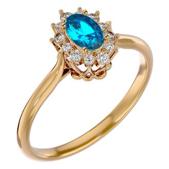 2/3 Carat Oval Shape Blue Topaz and Halo Diamond Ring In 14 Karat Yellow Gold
