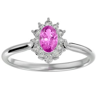 2/3 Carat Oval Shape Pink Topaz and Halo Diamond Ring In 14 Karat White Gold