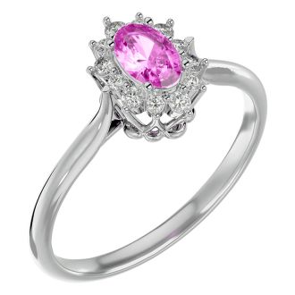 2/3 Carat Oval Shape Pink Topaz and Halo Diamond Ring In 14 Karat White Gold
