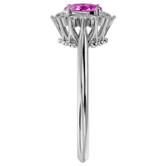 2/3 Carat Oval Shape Pink Topaz and Halo Diamond Ring In 14 Karat White Gold