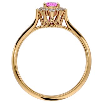 2/3 Carat Oval Shape Pink Topaz and Halo Diamond Ring In 14 Karat Yellow Gold