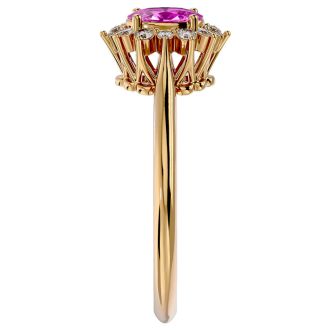 2/3 Carat Oval Shape Pink Topaz and Halo Diamond Ring In 14 Karat Yellow Gold