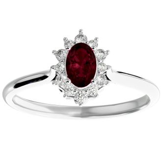 Garnet Ring: Garnet Jewelry: 2/3 Carat Oval Shape Garnet and Halo Diamond Ring In 14 Karat White Gold