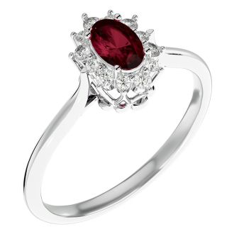Garnet Ring: Garnet Jewelry: 2/3 Carat Oval Shape Garnet and Halo Diamond Ring In 14 Karat White Gold