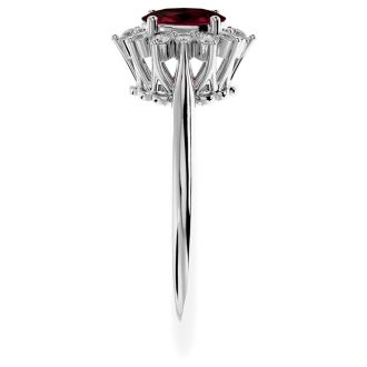 Garnet Ring: Garnet Jewelry: 2/3 Carat Oval Shape Garnet and Halo Diamond Ring In 14 Karat White Gold