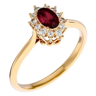 Garnet Ring: Garnet Jewelry: 2/3 Carat Oval Shape Garnet and Halo Diamond Ring In 14 Karat Yellow Gold