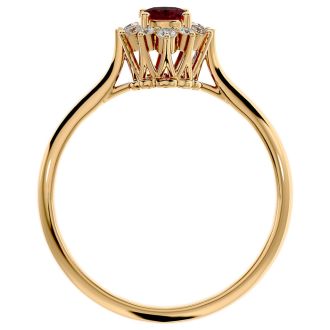 Garnet Ring: Garnet Jewelry: 2/3 Carat Oval Shape Garnet and Halo Diamond Ring In 14 Karat Yellow Gold