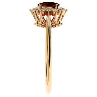 Garnet Ring: Garnet Jewelry: 2/3 Carat Oval Shape Garnet and Halo Diamond Ring In 14 Karat Yellow Gold
