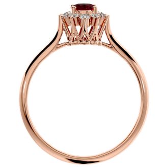 Garnet Ring: Garnet Jewelry: 2/3 Carat Oval Shape Garnet and Halo Diamond Ring In 14 Karat Rose Gold
