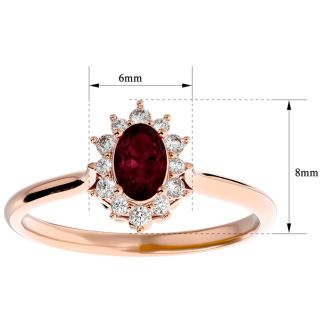 Garnet Ring: Garnet Jewelry: 2/3 Carat Oval Shape Garnet and Halo Diamond Ring In 14 Karat Rose Gold
