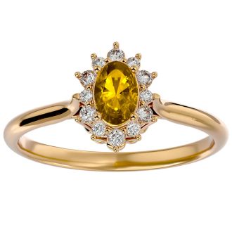 2/3 Carat Oval Shape Citrine and Halo Diamond Ring In 14 Karat Yellow Gold