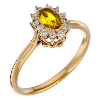 2/3 Carat Oval Shape Citrine and Halo Diamond Ring In 14 Karat Yellow Gold