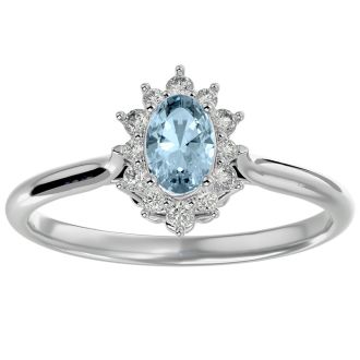 Aquamarine Ring: Aquamarine Jewelry: 2/3 Carat Oval Shape Aquamarine and Halo Diamond Ring In 14 Karat White Gold