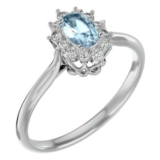 Aquamarine Ring: Aquamarine Jewelry: 2/3 Carat Oval Shape Aquamarine and Halo Diamond Ring In 14 Karat White Gold