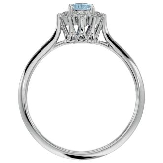 Aquamarine Ring: Aquamarine Jewelry: 2/3 Carat Oval Shape Aquamarine and Halo Diamond Ring In 14 Karat White Gold