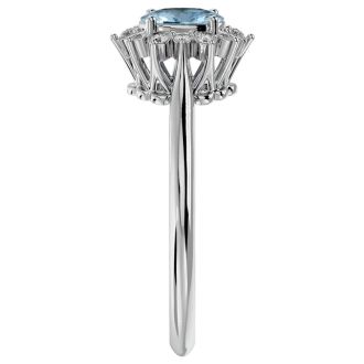 Aquamarine Ring: Aquamarine Jewelry: 2/3 Carat Oval Shape Aquamarine and Halo Diamond Ring In 14 Karat White Gold