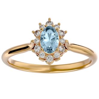 Aquamarine Ring: Aquamarine Jewelry: 2/3 Carat Oval Shape Aquamarine and Halo Diamond Ring In 14 Karat Yellow Gold
