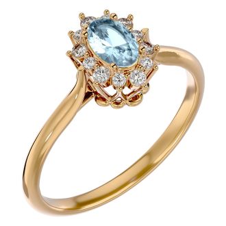 Aquamarine Ring: Aquamarine Jewelry: 2/3 Carat Oval Shape Aquamarine and Halo Diamond Ring In 14 Karat Yellow Gold