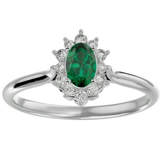 2/3 Carat Oval Shape Emerald and Halo Diamond Ring In 14 Karat White Gold