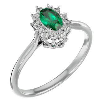 2/3 Carat Oval Shape Emerald and Halo Diamond Ring In 14 Karat White Gold