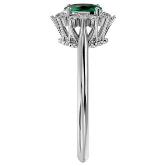 2/3 Carat Oval Shape Emerald and Halo Diamond Ring In 14 Karat White Gold