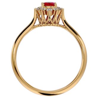 2/3 Carat Oval Shape Ruby and Halo Diamond Ring In 14 Karat Yellow Gold