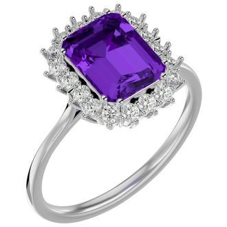 2 1/2 Carat Amethyst and Halo Diamond Ring In 14K White Gold